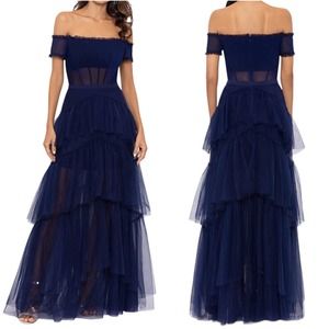 Betsy & Adam NWT Over-The-Shoulder Tiered Mesh Gown Size 6 Navy Corset Bust